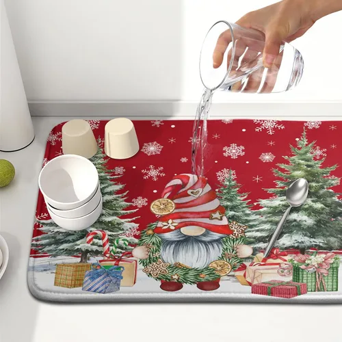Vista 6 de Kawani Tapete de secado de platos de gnomo de Navidad para encimera de cocina, gnomos de Navidad, copos de nieve, almohadilla de secado de platos