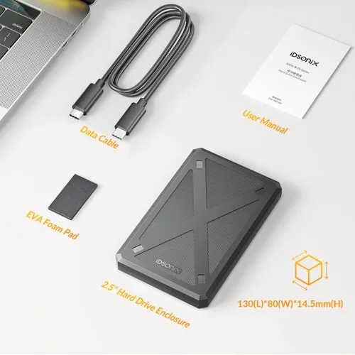 Vista 7 de iDsonix Carcasa para disco duro de 2.5 pulgadas, 6Gbps USB C 3.1 a SATA III Caja de disco duro externo sin herramientas para SSD HDD de 0.276