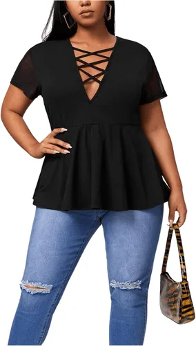 Vista 3 de OYOANGLE Blusa peplum de manga corta de malla para mujer, talla grande, cuello profundo y cruzado