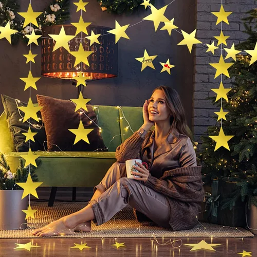 Vista 6 de 120 recortes dorados con purpurina de cinco estrellas, recortes de estrellas de papel para tablón de anuncios, estrellas, aula, pared, fiesta