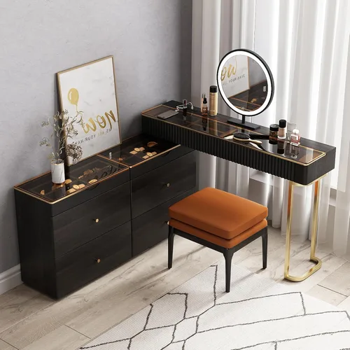 Vista 11 de Lartis Tocador de maquillaje con taburete, muy fácil de montar, combinación de gabinete de TV retráctil, tocador en uno, súper almacenamiento