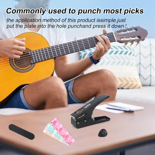 Vista 7 de paquete de regalo de lujo para hacer púas de guitarra DIY, cortador de púas de guitarra premium, 16 tiras de clip de paleta y una lima para suavizar