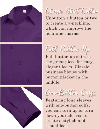 Vista 5 de HOTOUCH Womens Stretch Basic Button Down Shirt Long Sleeve Slim Fit Dress Shirts Solid Work Office Blouses Top