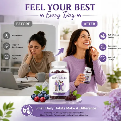 Vista 5 de Gomitas de bienestar diario con mezcla de arándano y vitaminas esenciales, fórmula a base de plantas, conveniente suplemento masticable, sabor a