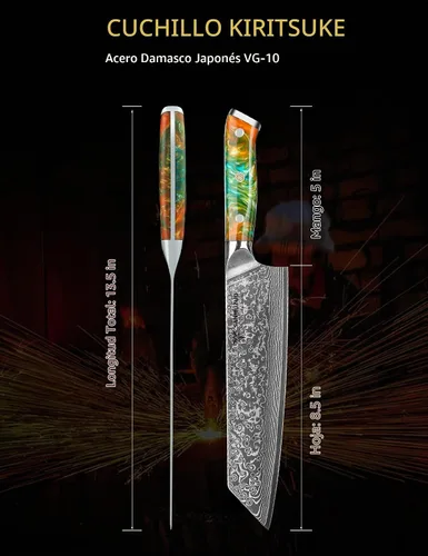 Vista 3 de Kiritsuke - Cuchillo de chef de cocina de 8.5 pulgadas, mango de acero de Damasco y resina de 67 capas, serie Xuan (naranja fantasía)