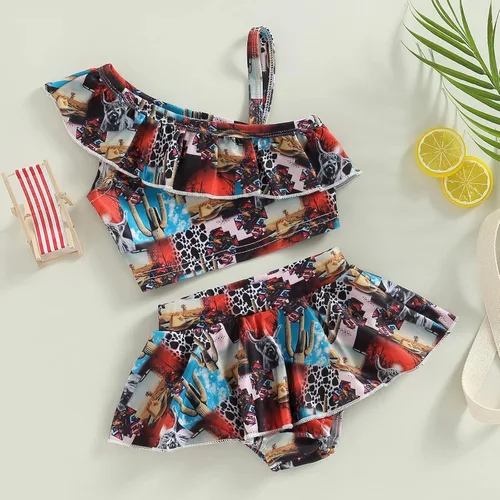 Vista 2 de Meiweileya Traje de baño de dos piezas con volantes y estampado de leopardo para niña pequeña
