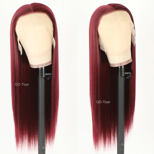 Vista 3 de QD-Tizer Pelucas de cabello sintético con encaje frontal de 13 x 6 pulgadas, sin pegamento, color rojo vino, color burdeos, pelucas de cabello largo