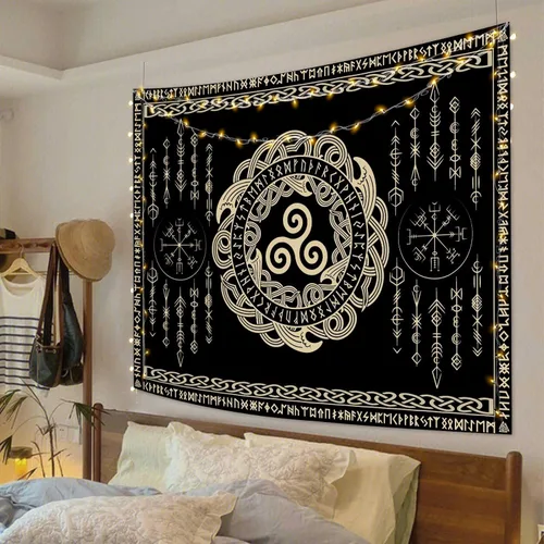Vista 2 de F-FUN SOUL Tapiz de los vikingos nórdicos, franela suave, 40 x 30 pulgadas, nudo triskele vikingo, runa celta, tapiz de mitología estética