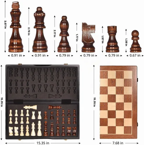Vista 3 de BIVOMON Juego de ajedrez magnético de madera de 15 pulgadas, juego de mesa único de ajedrez con ranuras de almacenamiento de piezas de ajedrez