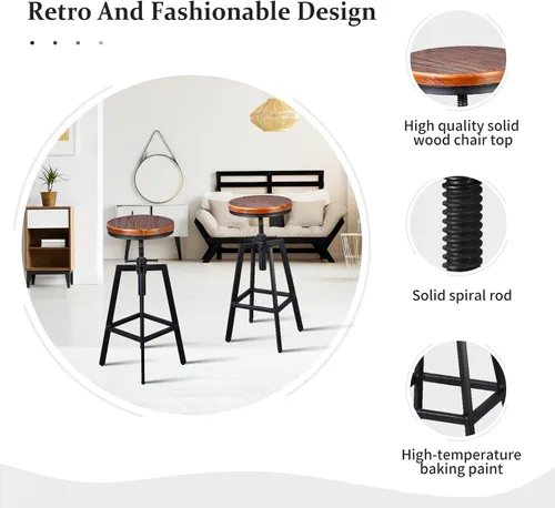 Vista 5 de Taburetes de bar industriales, silla de comedor de cocina, taburete de metal de madera, silla giratoria de altura ajustable, negro, juego de 2