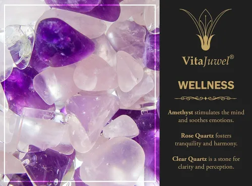 Vista 5 de VitaJuwel ViA Wellness - Botella de agua de cristal con amatista, cuarzo rosa, cuarzo transparente + tapa de silicona blanca Loop Cloud