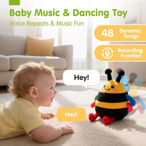 Vista 3 de hahaland - Juguete de abeja que rebota para el tiempo boca abajo, para 6 meses, juguete musical de abeja de peluche para bebés de 7, 8, 9, 10, 11