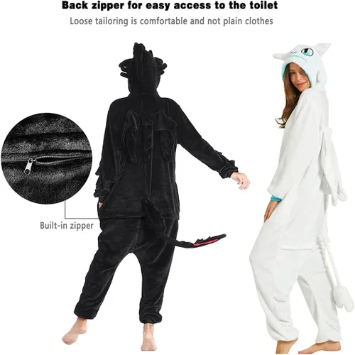 Vista 4 de Pijama sin dientes, disfraz de animal con cola de dragón, disfraz de franela de felpa, pijama de Halloween y Navidad para la familia, color blanco