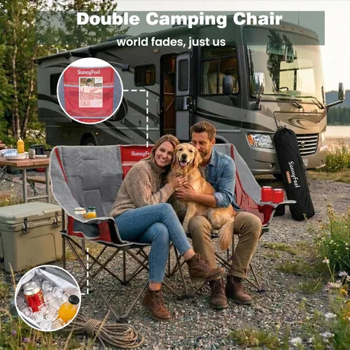Vista 8 de SUNNYFEEL Silla de Camping Doblada Doble, Silla Loveseat Sobredimensionada, Silla de Césped Portátil/Plegable Resistente con Almacenamiento
