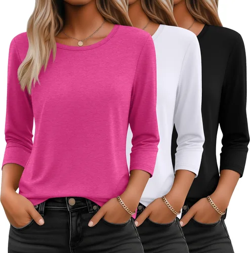 Vista 39 de Ficerd Paquete de 3 camisetas de manga 3/4 para mujer, cuello redondo, camisetas básicas elegantes, casuales, modernas, holgadas