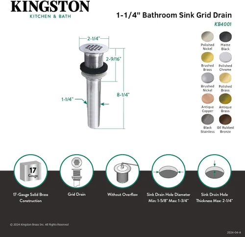 Vista 3 de Kingston Brass KB4007 Fauceture Grid Drain without Overflow, latón cepillado, 8.25 x 2.25 x 2.25 pulgadas