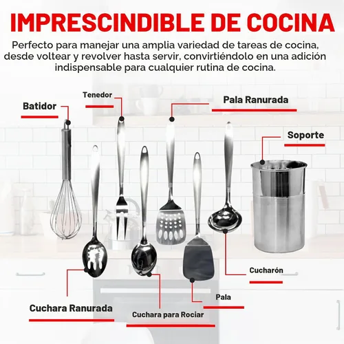 Vista 4 de Chef Craft - Juego de utensilios de cocina de acero inoxidable de 8 piezas con soporte para utensilios