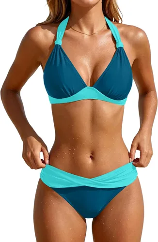 Vista 16 de Yonique Traje de baño de dos piezas para mujer, conjunto de bikini push up, traje de baño halter, traje de baño vintage Verde Aqua