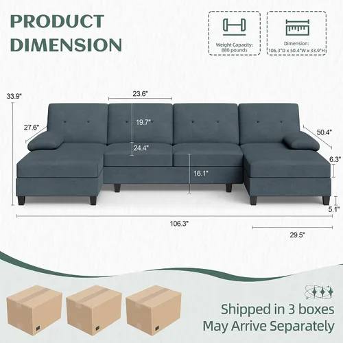 Vista 2 de Vongrasig Camillas seccionales para sala de estar, sofá en forma de U con diván, sofá modular grande de 4 asientos moderno para sala de estar, Gris