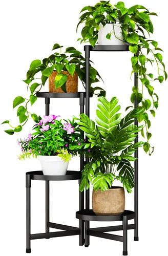 Vista 11 de Soporte negro de 2 niveles para plantas en interiores, 30 pulgadas de alto, estante de esquina de metal resistente para plantas estrechas para piso