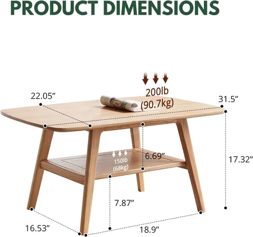 Vista 2 de Mesa de centro moderna de mediados de siglo: mesa de centro 100% de madera maciza, diseño de almacenamiento de 2 niveles, mesas de centro pequeñas