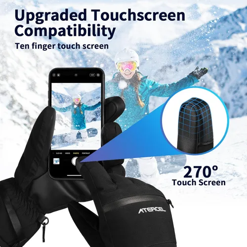 Vista 4 de ATERCEL Guantes de esquí impermeables, guantes Thinsulate cálidos 3M, pantalla táctil, ideales para hombres y mujeres en esquí, snowboard, motos
