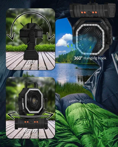 Vista 6 de ADUST Ventilador Portátil de Campamento con Batería, Ventilador con Luz LED 20000mAh Recargable, Oscilación Automática, Rotación de 270°, Gancho