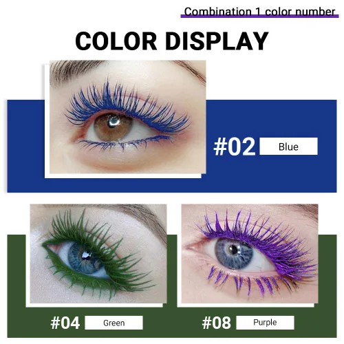 Vista 2 de Máscara de pestañas de color azul, morado y verde, para dar volumen, levantar y alargar, de larga duración, resistente al agua para pestañas
