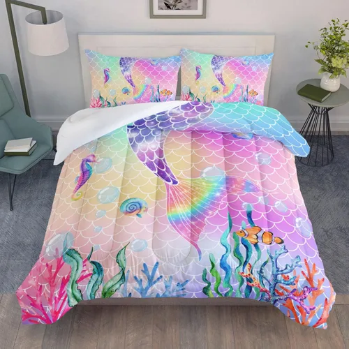 Vista 4 de Datura Home - Juego de edredón de cama con estampado de cola de sirena rosa arcoíris con 1 y 2 fundas de almohada para dormitorio de niñas durante