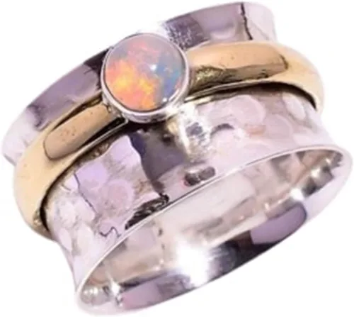 Vista 9 de Gemstone Spinner Ring for Women, 925 Sterling Silver Boho Meditation Band with Amethyst, Moonstone, Opal, Garnet, Gift for Her