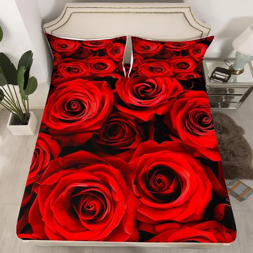 Vista 2 de Juego de sábanas de rosas rojas, tamaño individual, juego de sábanas florales de color rojo degradado y negro para niñas, mujeres, niños