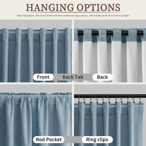 Vista 3 de Cortinas de lino opacas azules Hokibero de 108 pulgadas de largo, 2 paneles para dormitorio, sala de estar, cuarto de bebé, puerta corrediza