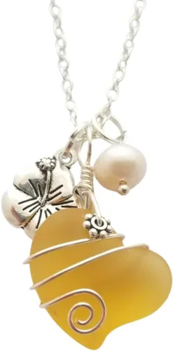 Vista 14 de Collar de cristal de mar hecho a mano, collar de corazón de alambre, collar de abalorios y perlas, joyería de cristal de mar, regalo de cumpleaños