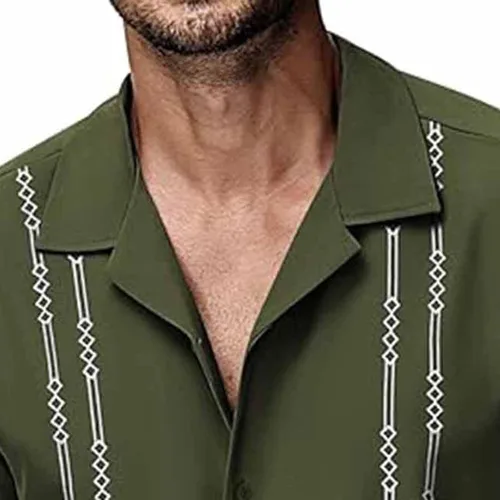Vista 4 de Camisa de guayabera cubana para hombre, camisa de manga corta con botones, camisas hawaianas casuales de verano, camisas de playa para vacaciones