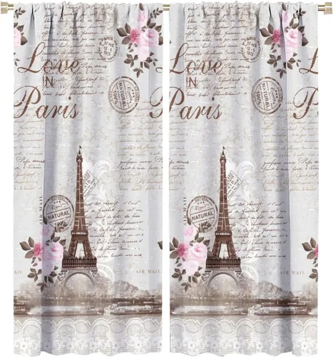 Vista 21 de Cortinas de la Torre Eiffel de París, pintura al óleo, flores moradas, torres de ciudad, con bolsillo para barra, cortinas de ventana