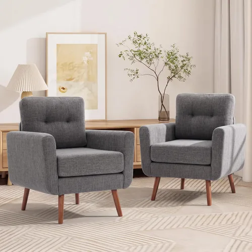 Vista 50 de Tbfit Paquete de 2 sofás individuales de tela de lino, silla decorativa, sillón moderno de mediados de siglo para sala de estar, dormitorio Beige