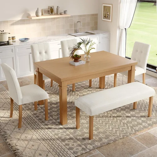 Vista 2 de P PURLOVE Juego de mesa de comedor de 6 piezas, mesa de cocina rectangular de madera con 4 sillas tapizadas, 1 banco para comedor y sala de estar