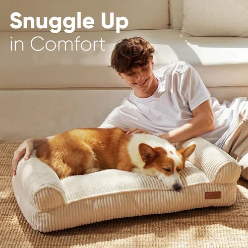Vista 3 de FUKUMARU Sofá cama para perros, acogedora cama de pana para gatos de interior con funda lavable, cama ortopédica impermeable de 28 pulgadas