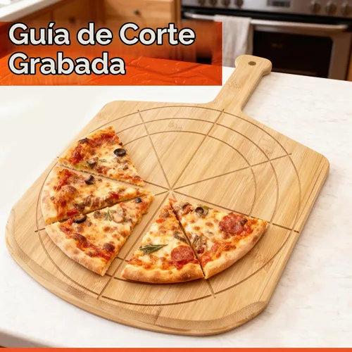 Vista 5 de Pizarra de madera de 12 pulgadas con tamaños grabados, tabla de cortar de pizza de bambú multiusos, cáscara de pizza de madera, espátula de pizza