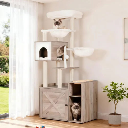Vista 10 de Hey-brother Árbol para gatos con recinto de caja de arena XL, torre para gatos todo en uno para gatos de interior con hamaca grande, cama, estación