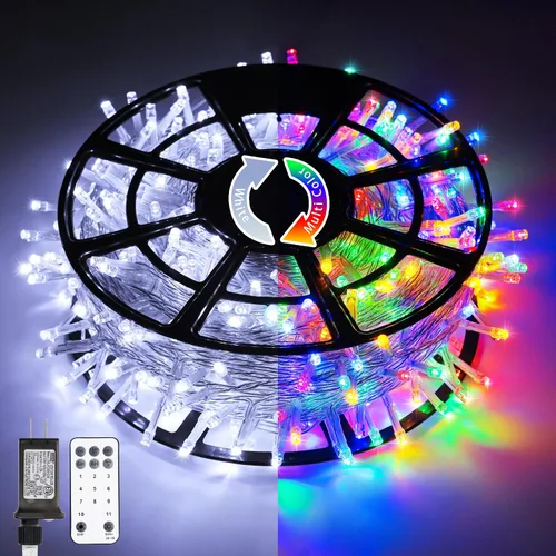 Vista 28 de JMEXSUSS 150 luces LED azules de Navidad para interiores y exteriores, luces de cadena conectables de 59 pies con enchufe, 8 modos de luces de hadas