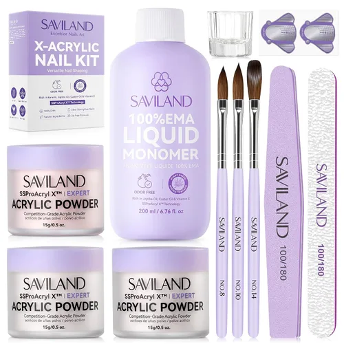 Vista 30 de Saviland Kit de iniciación de uñas acrílicas: polvo y líquido acrílico rosa claro nude, cepillo, limas, formularios, uñas a presión, juego