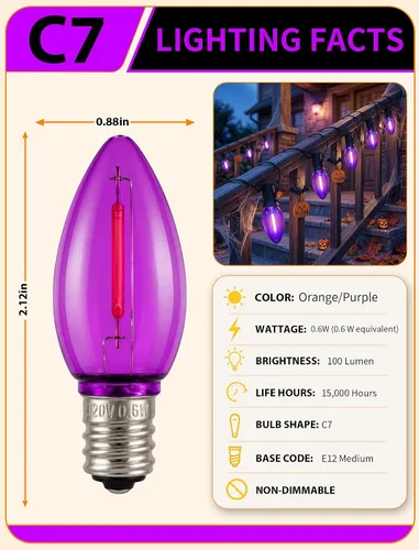 Vista 2 de 25 Pack C7 E12 Purple LED Replacement Bulbs for Outdoor String Lights 0.6W Design, 120V, Dimmable design, IP65 Shatterproof Plastic for Halloween