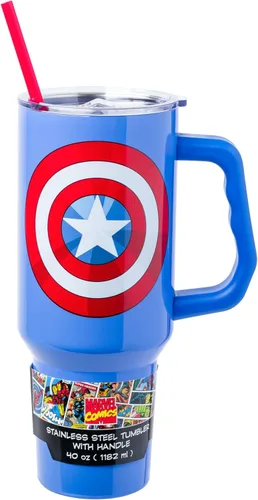 Vista 9 de Silver Buffalo Marvel Avengers - Vaso de acero inoxidable con asa, popote y tapa de pajilla, diseño de Iron Man, Capitán América, Blue Beetle, Thor