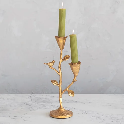 Vista 8 de Creative Co-Op - Candelabro alto de hierro fundido forjado a mano con flores y pájaro, dorado