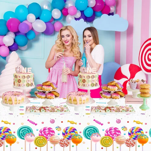 Vista 7 de PHOGARY Sweet Candyland - Mantel de plástico con temática de caramelos, dos manteles de cumpleaños de dulces manteles coloridos de piruletas