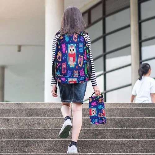 Vista 6 de Neon Owl Colorful Dark Blue Book Bags Para Niños Con Bolsa De Almuerzo Mochila Escolar Niños Con Lonchera 9-10 años mochilas y loncheras escolares