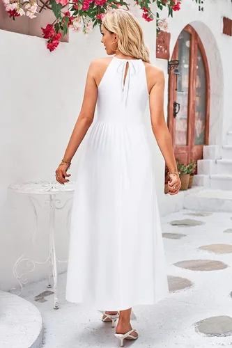 Vista 5 de KILIG - Vestido largo hasta el tobillo de verano 2025 para mujer, informal, sin mangas, con abertura, floral, para playa, vacaciones, vestidos