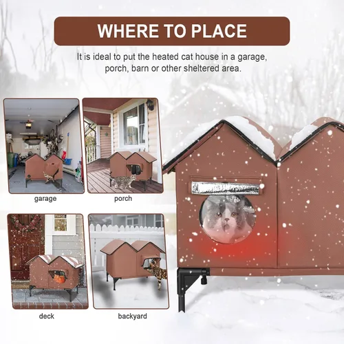 Vista 7 de Casa grande para gatos con calefacción para exteriores en invierno, casa elevada impermeable para gatos al aire libre con almohadilla térmica, casa