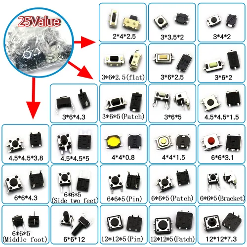 Vista 7 de 250pcs 25 valores Interruptor táctil de botón SMD Micro Momentary Tact Switch Surtido Kit